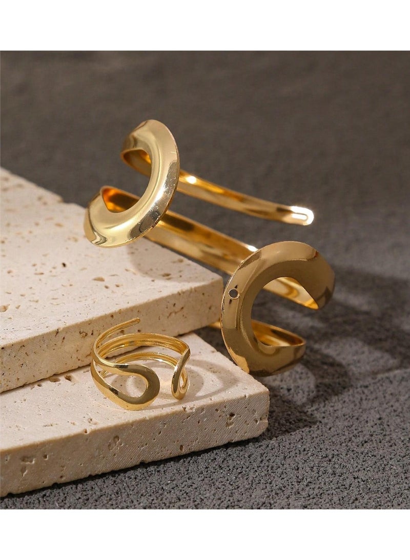 Shein Luxury Women's 2 Piece Gold Geometric Design Jewelry Set, Including Cuff Bracelet and Ring, Suitable for Daily Use and Special Occasions, Perfect Valentine's Day Gift. - Image 3